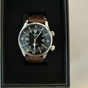 Longines Silver and Black Watch with Brown Strap
